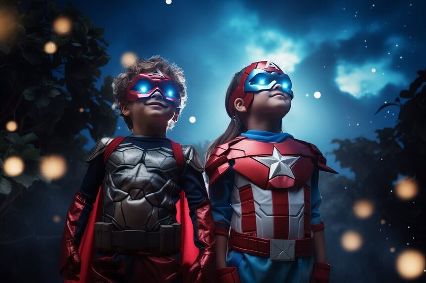 Deux enfants portent des masques de super-héros